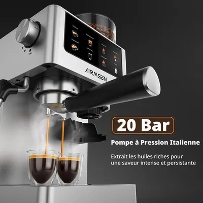 AIRMSEN Machine à Café avec Broyeur – Machine à Café Expresso avec Mousseur à Lait, 20 Bars Inox, Cappuccino, Latte, Café Glacé