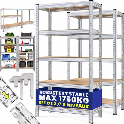 2X Étagère Charge Lourde • Lot de 2 • 180x90x40 cm • 5 Plateaux / 875 KG Max • Meuble de Rangement • Acier et MDF