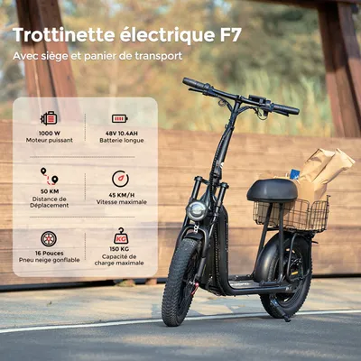 Trottinette électrique Pliable F7 avec siège/Panier -16''-1000W-50km Max-3 Mode-45km/h Max-Batterie amovible-APP-Tout terrain/urbain
