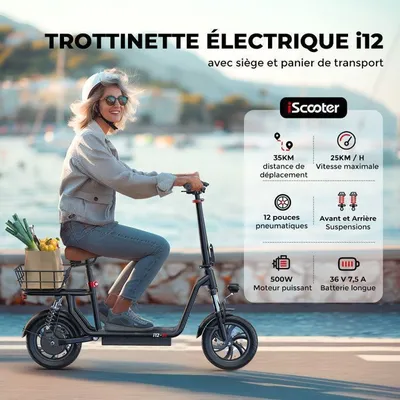 Trottinette Électrique iScooter adulte i12 avec Siège 500W Autonomie 35km 42V7.5Ah 12" 120kg Double absorption des choc