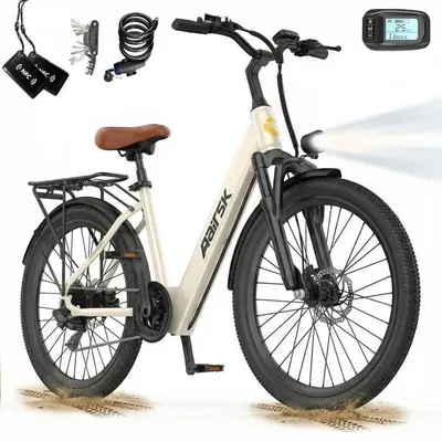 Vélo Électrique Adulte 24“ 36V10Ah Batterie non amovible-250W-Autonomie 30-40km-Shimano 7 vitesses -siège arrière-AAIRSK SU7 Beige