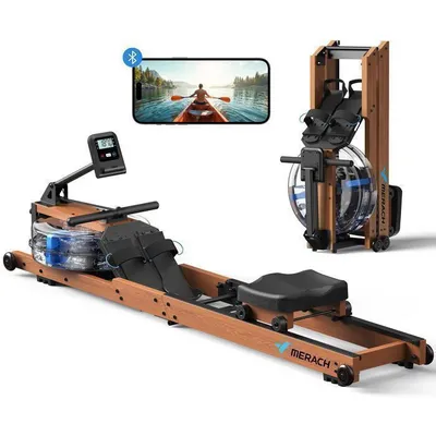 Rameur à Eau Pliable - R28 MERACH - Carte Interactive/Jeux d'APP - Bluetooth/Kinomap/Zwift - 6 Niveaux - 14 L - Bois d'hévéa FSC