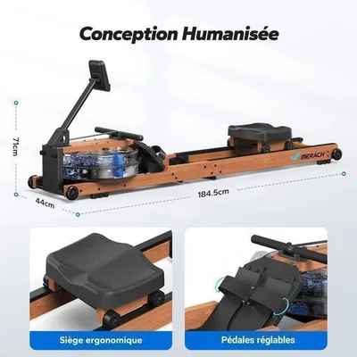 Rameur à Eau Pliable - R28 MERACH - Carte Interactive/Jeux d'APP - Bluetooth/Kinomap/Zwift - 6 Niveaux - 14 L - Bois d'hévéa FSC
