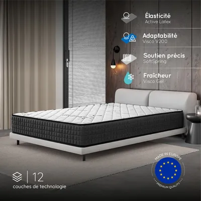 Matelas GAMMA 160X200 cm-Hybride-30 CM-Ressorts Ensachés-Mémoire de Forme-Mousse HR 35 kg-Latex-Confort mi-ferme-Réversible