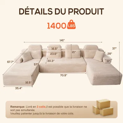 Canapé modulaire super grand en U avec 2 méridiennes, confortable en velours côtelé mousse à mémoire de forme,sans assemblage beige
