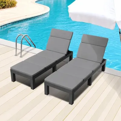 Bain de Soleil, Lot de 2, Chaises Longues, Mobilier de Jardin Extérieur, Dossier Réglable avec Coussin Confortable, Gris
