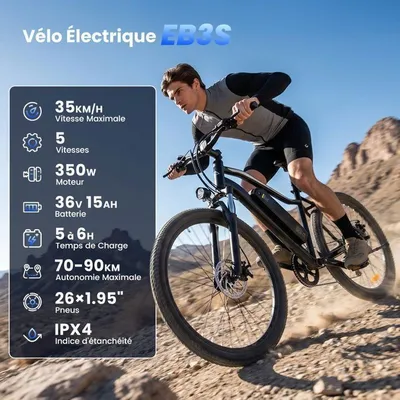Vélo électrique EB3S,VTT Électrique Avec chargement USB/APP-250W-36V15Ah-90 km-Batterie Amovible-35 km/h Max-6 vitesses-Tout terrain