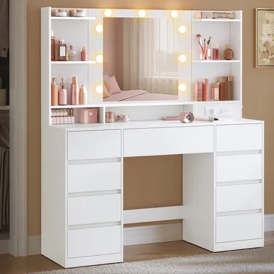 VASAGLE Coiffeuse avec Miroir LED, Multiprise, 9 Tiroirs, 9 Ampoules, Rangement Bijoux, Installation des Rails sans Outils, Blanc