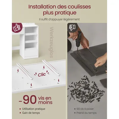 VASAGLE Coiffeuse avec Miroir LED, Multiprise, 9 Tiroirs, 9 Ampoules, Rangement Bijoux, Installation des Rails sans Outils, Blanc