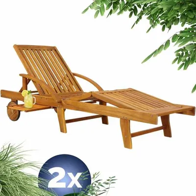 CASARIA® 2x Chaise longue Tami Sun en bois d'acacia transat avec roues pour extérieur jardin terrasse bain de soleil