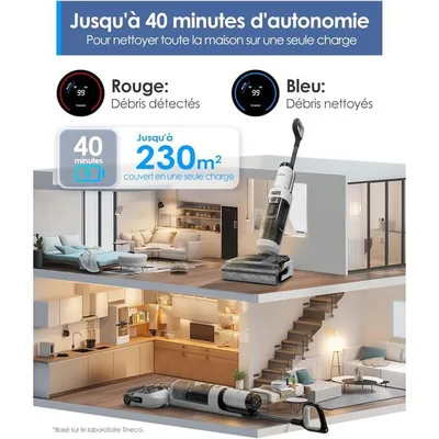 Tineco Floor One S6 Stretch Lite Aspirateur Laveur, S’aplatit à 180°, Auto-Nettoyage, 40 Min