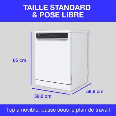 Lave-vaisselle pose libre CONTINENTAL EDISON - 15 couverts - Largeur 59,8 cm - Classe D - moteur induction - 39 dB - Blanc