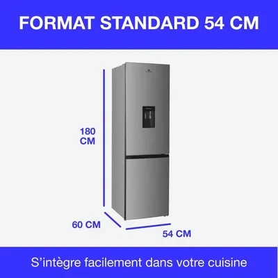 Réfrigérateur congélateur bas CONTINENTAL EDISON - 251L -Total No Frost(Sans givre) - Inox - L 54 cm x H 180 cm